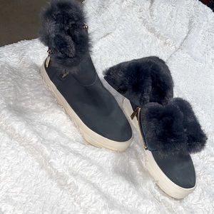 J/Slides NYC suede FAUX fur gray gold zippers on each side high top size 7.5